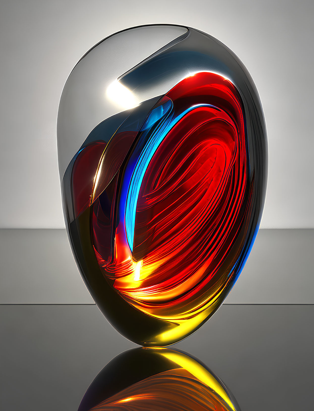 Colorful swirling sculpture encased in clear glass shell