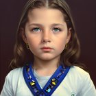 Digital portrait of young girl with medium-length hair in white top and blue scarf with golden laurel-like