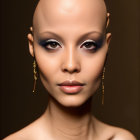 Bald Person Portrait with Hazel Eyes, Golden Jewelry, & Shoulder Tattoos