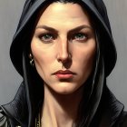 Digital portrait of woman in dark hood with gold emblem, uniform, and medals, exuding authority.