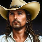 Long-haired man in cowboy hat, white shirt, hoop earrings pose on dark background