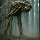 Eerie skeletal creature in misty forest