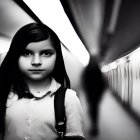 Young girl with dark hair at subway station with blurred figure and train