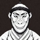 Monochrome illustration of gorilla in judo gi with focused expression