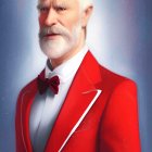 Elderly man in red velvet jacket with white hair and beard on starry backdrop