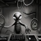 Alien figure with tentacles behind electronic music equipment in monochromatic setup