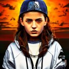 Digital Art Portrait of Young Woman with Braided Hair and Cap in Silver Jacket Against Fiery Orange Sunset