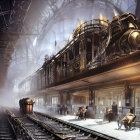 Steampunk-inspired scene with ornate steam trains on elevated tracks and people in vintage clothing in a