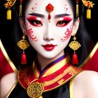 Elaborate Red and Gold Makeup with Chinese Headwear on Woman
