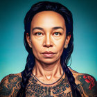 Portrait of person with tattoos and braided dark hair on blue background