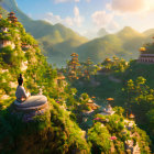 Asian-style temples in serene landscape with mountains under glowing sun