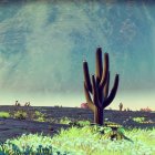 Surreal desert landscape with cacti under large moon