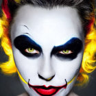 Theatrical clown makeup with white face paint and vibrant colors