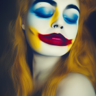 Colorful artistic makeup on woman with red hair on dark background