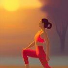 Woman practicing yoga in sunlit field with trees