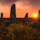 Mystical landscape with towering monoliths in blooming field at sunset