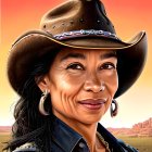 Cowboy hat woman portrait in western attire against sunset sky