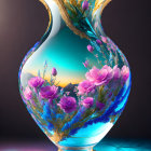 Reflective ornate vase with purple flowers, golden branches, and starry sky in soft glow
