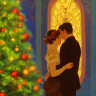 Romantic couple embracing near window with Christmas tree in warm light