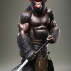 Muscular anthropomorphic gorilla with sword and intense gaze in warrior attire.
