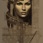 Digital artwork: Woman's portrait with golden mechanical elements on beige background