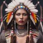 Stoic person in Native American headdress with feathers & beadwork