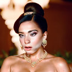 Woman with elegant updo and luxurious jewelry on bokeh light backdrop