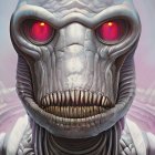 Alien illustration with red eyes, grey skin, and futuristic suit