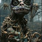 Intricate robotic figure with large eye amid metallic branches and wires
