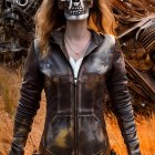 Skull-painted face person in distressed leather jacket against mechanical backdrop