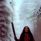 Indigenous person in traditional attire in misty snow-covered forest
