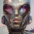 Realistic humanoid robot head with sleek metallic design and red glowing eyes