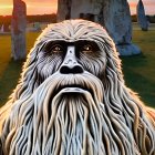 Mystical white-haired creature with orange eyes at Stonehenge sunset