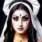 Woman with dramatic makeup, white headpiece, teardrop face paint, and gold necklace with green