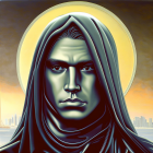 Person with halo and hooded cloak in futuristic cityscape, featuring striking gaze and blue mark.