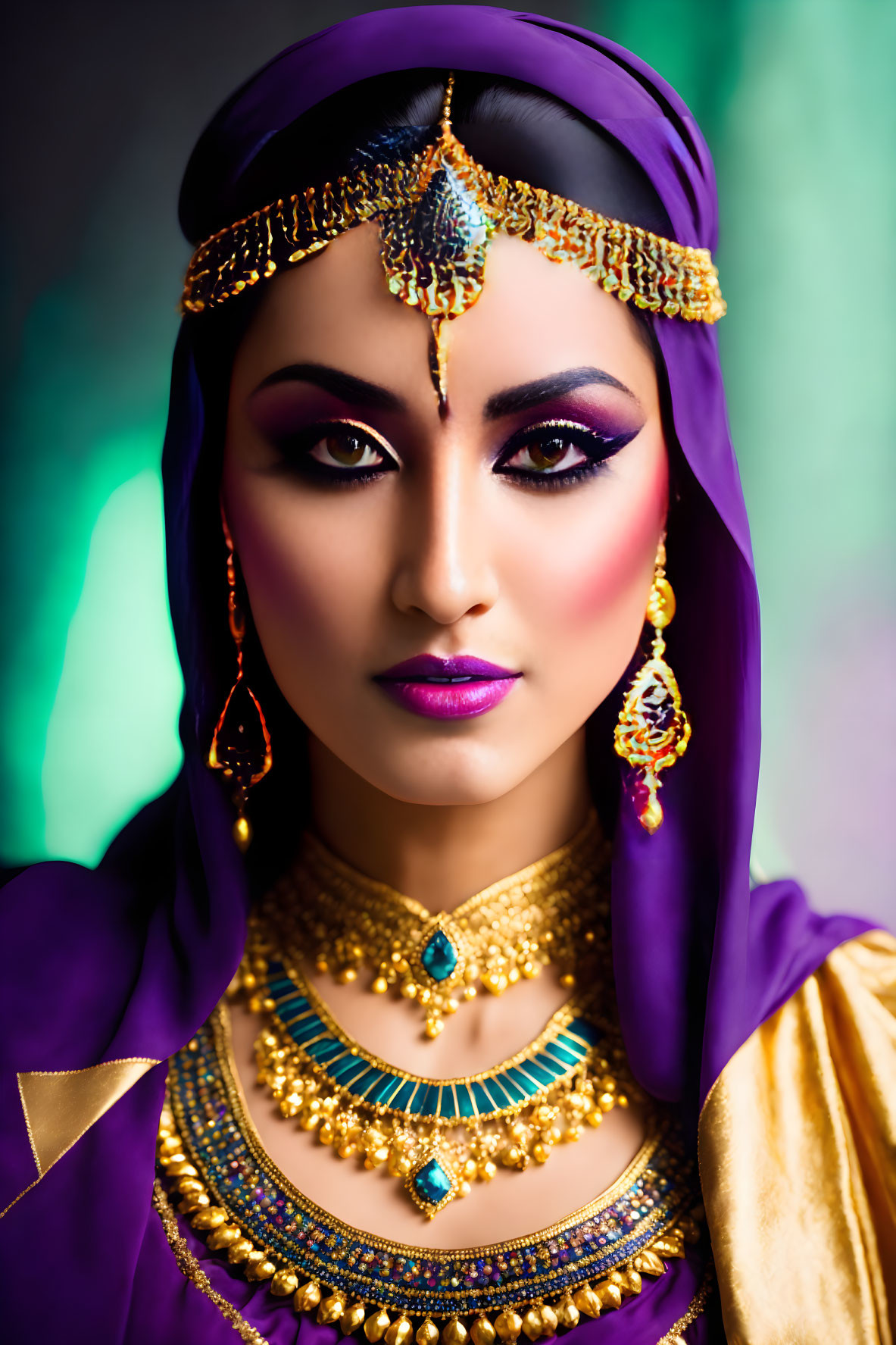 Traditional Attire: Rich Purple & Gold with Elaborate Jewelry & Headpiece