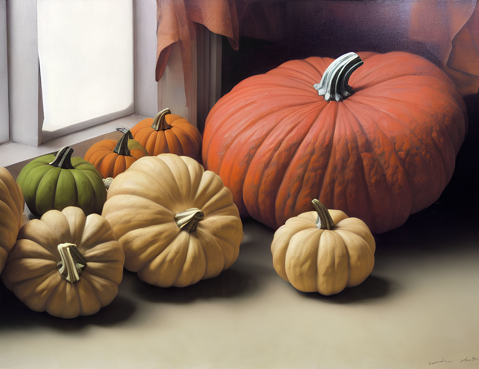 Variety of pumpkins near window with draped curtain
