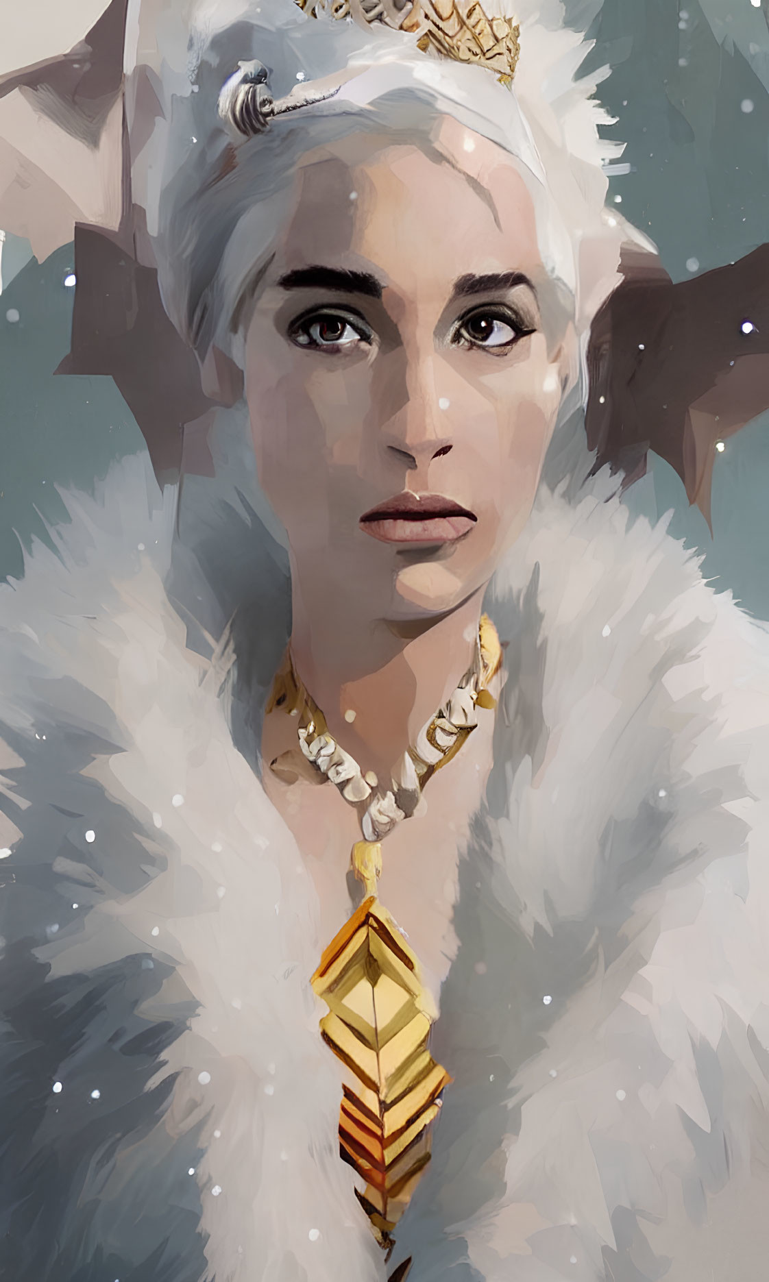 Regal woman with crown and fur cloak in digital painting