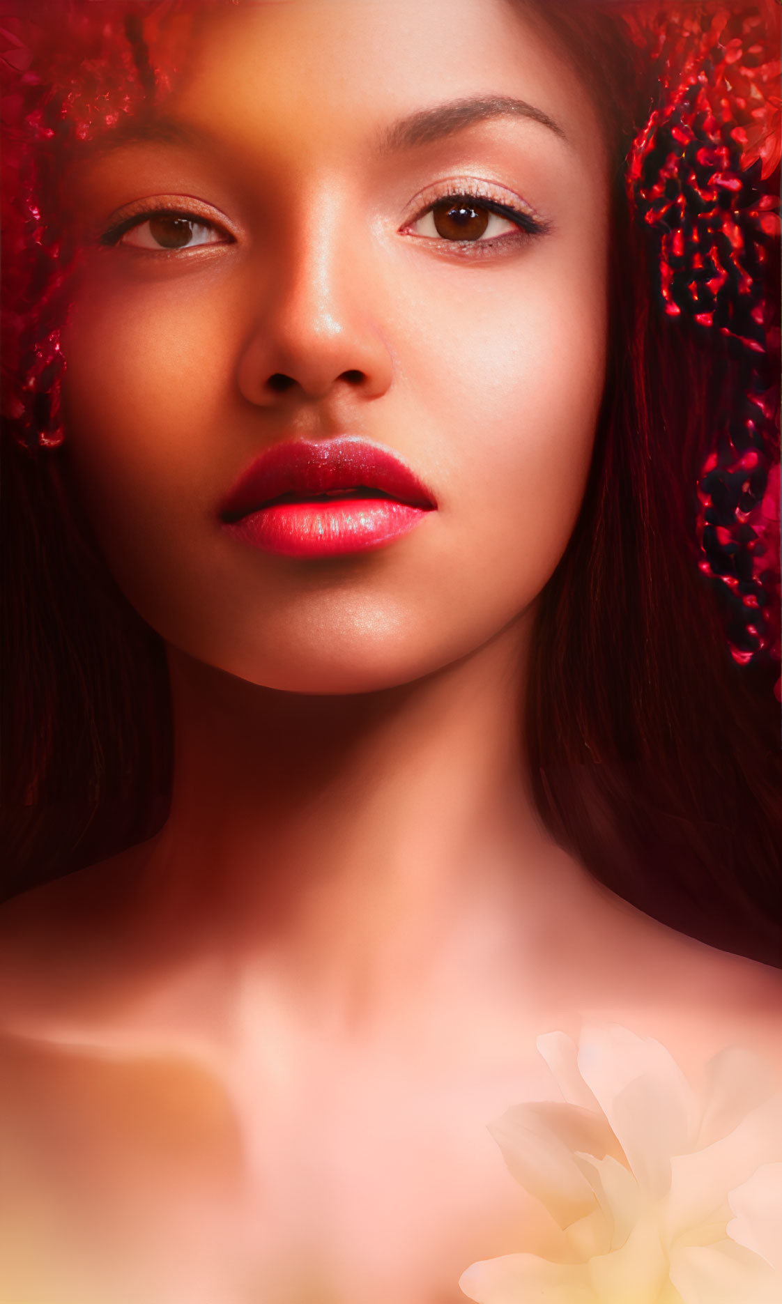 Woman with red floral adornments gazing against warm background