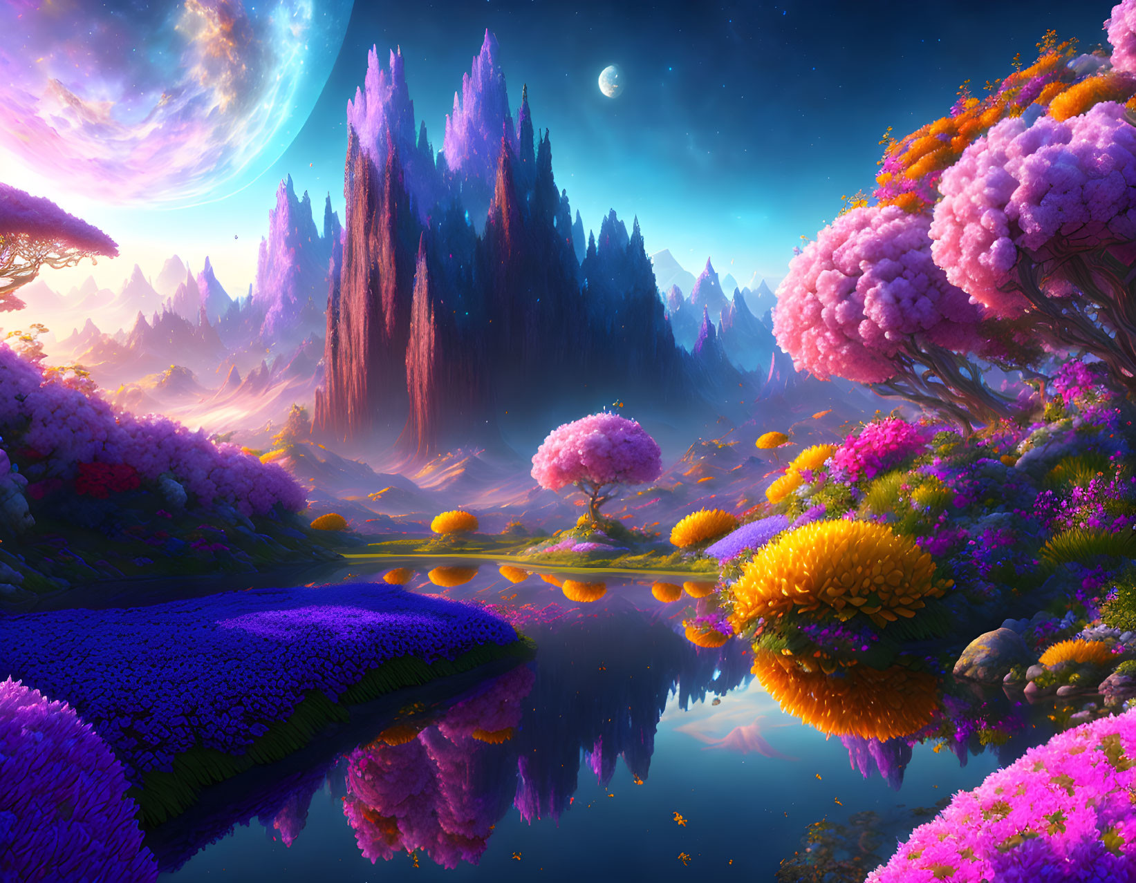 Colorful Fantasy Landscape with Moon, Lake, and Mountains