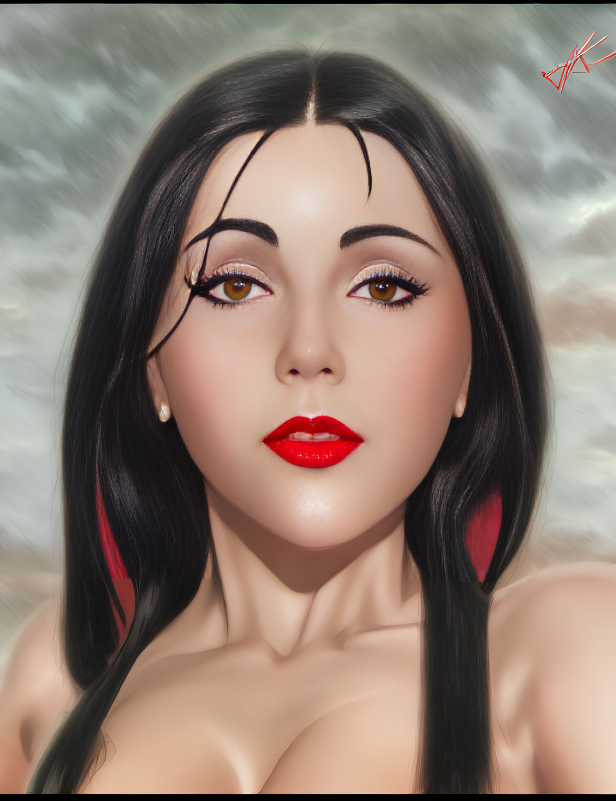 Digital portrait of woman with long black hair and red lipstick against blurry background