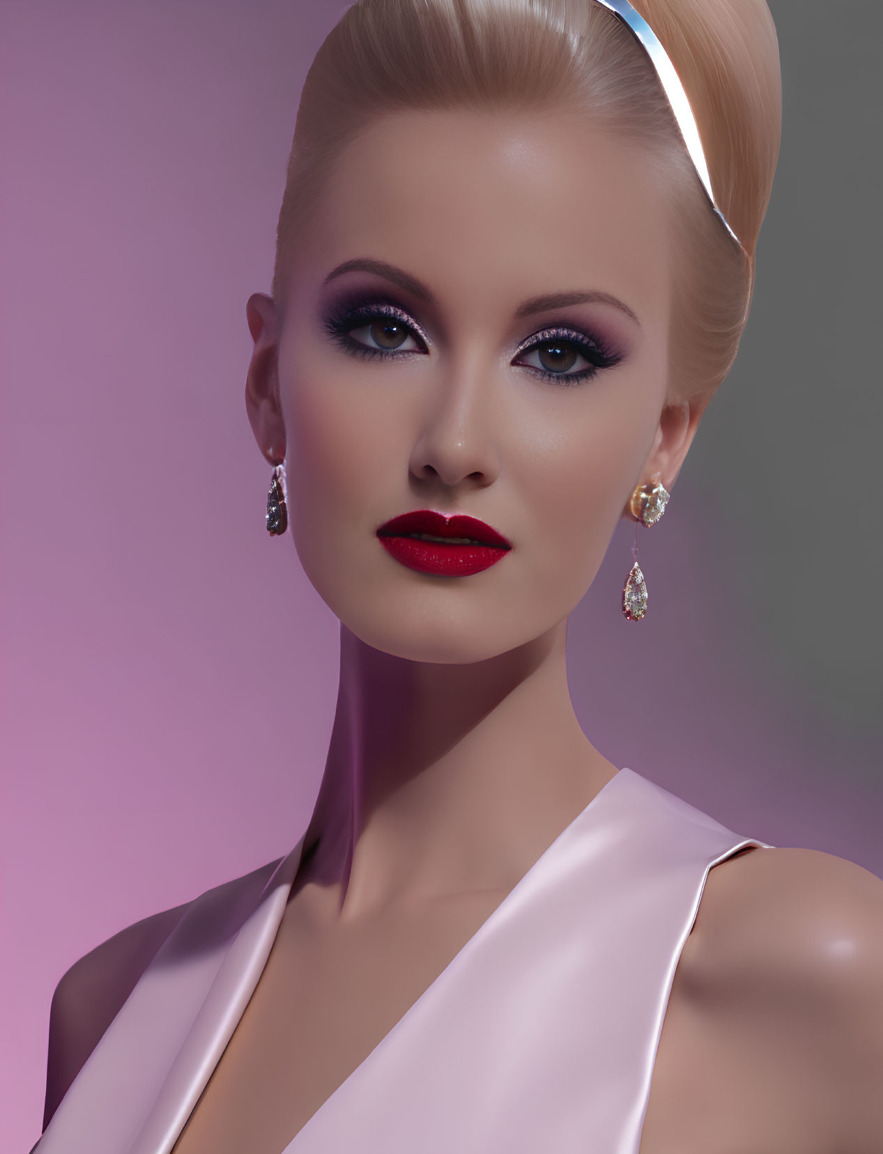 Sleek blonde hair woman portrait with red lipstick and diamond earrings on purple background