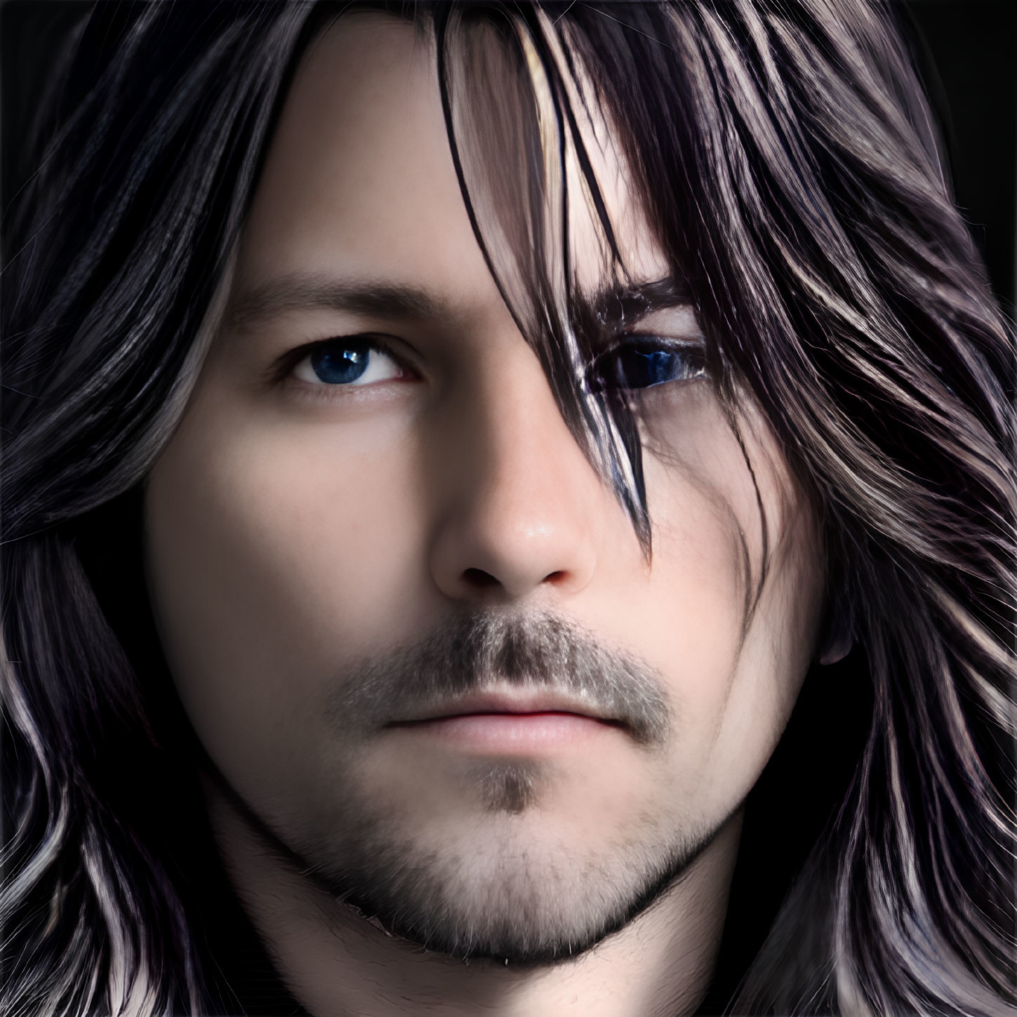 Person with Striking Blue Eyes and Long Dark Hair Close-Up