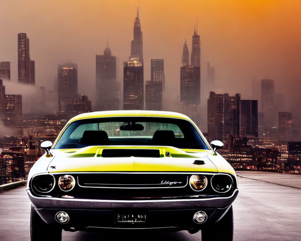 Vintage muscle car with racing stripes in urban sunset scene