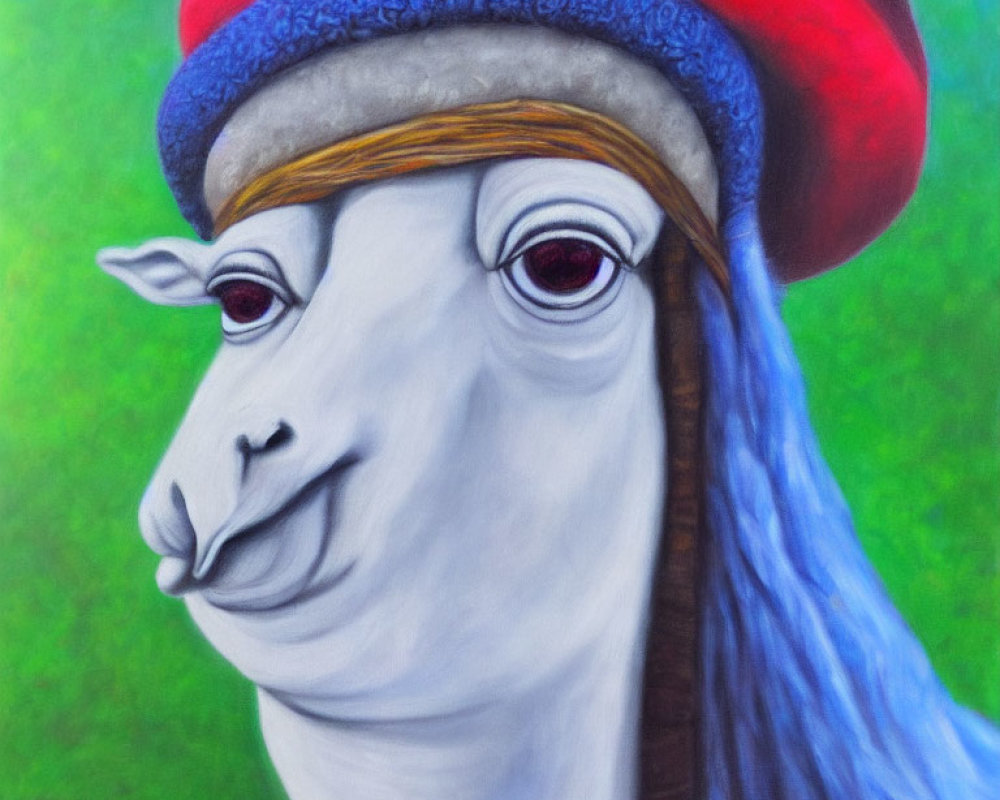 Colorful llama painting with red and blue hat on vibrant green backdrop