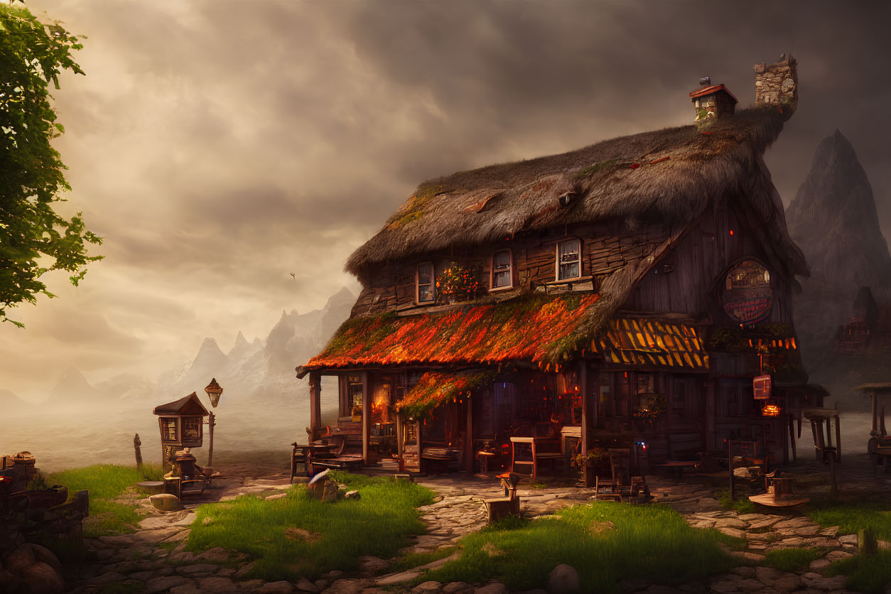 Thatched roof cottage in mystical landscape with mountains at dusk