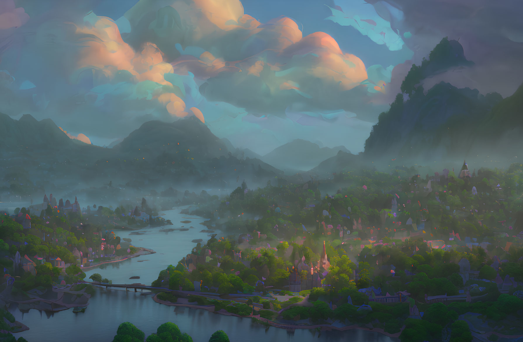 Pastel clouds over river and village in serene fantasy landscape