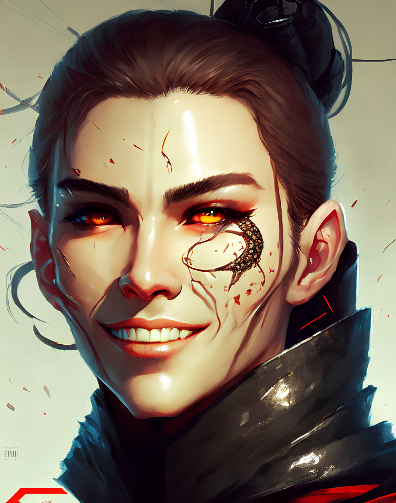 Digital art portrait of person with fiery red eyes, confident smile, and futuristic attire with blood splatter