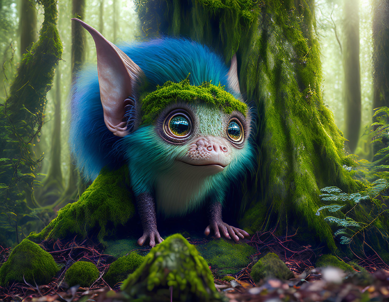 Blue-furred creature with large ears in mossy forest setting