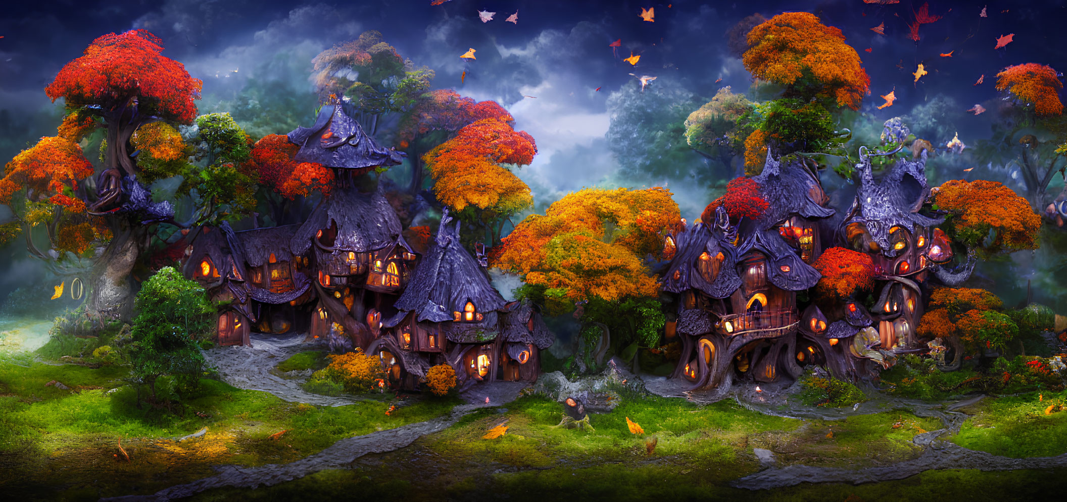 Whimsical mushroom houses in autumnal forest with magical glow